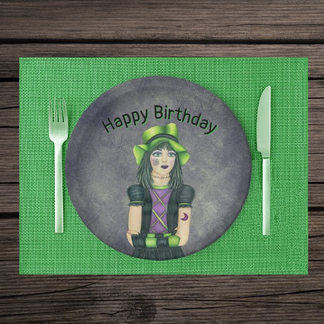 Goth Girl Green Hair Tattoos Dark Grey Birthday Paper Plate (Pretty Goth girl green hair hat tattoos on grey glowing green Happy birthday paper party plates.)