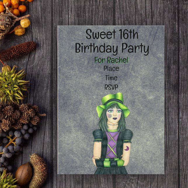 Goth Girl Green Hat Tattoos Glowing Grey Birthday Acrylic Invitations (Spooky Goth girl tattoos green hat on acrylic sweet 16 birthday party grey invitations.)