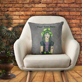 Goth Girl Green Hat Tattoos on Grey Cushion
