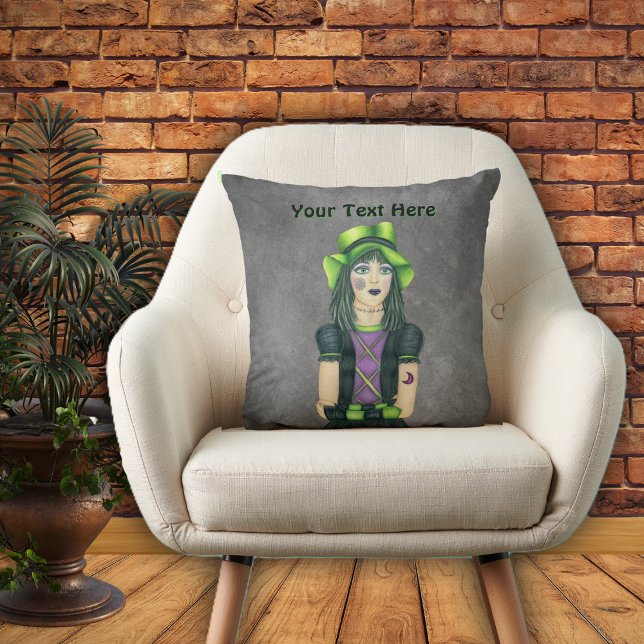 Goth Girl Green Hat Tattoos on Grey Cushion (PRetty goth girl green hat black dress tattoos on dark grey throw decorative pillow.)