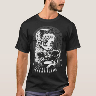 Goth Girl Holding A Black Cat On Halloween Night T-Shirt