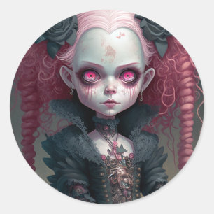 Goth Girl Pink Black Creepy Cute Classic Round Sticker