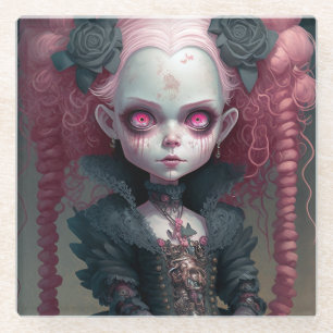 Goth Girl Pink Black Creepy Cute Glass Coaster