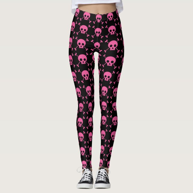 Goth Girl Pink Black Skulls Pattern Cool Leggings (Front)