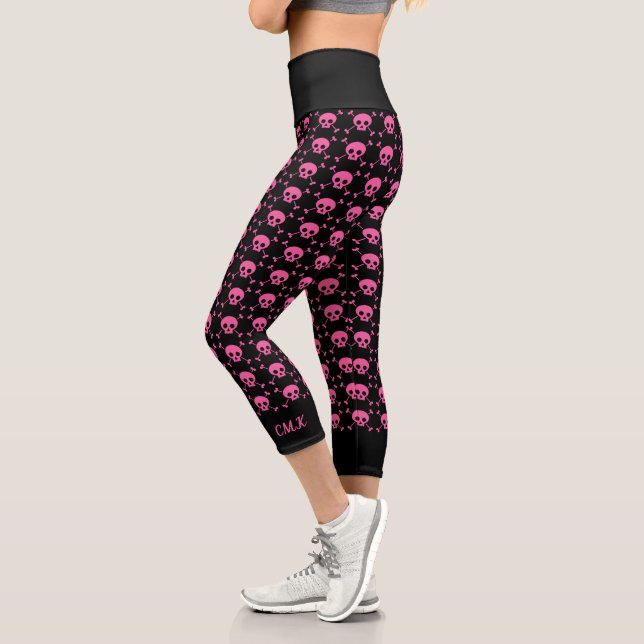 Goth Girl Pink Black Skulls Pattern Cool Monogram Capri Leggings (Left)