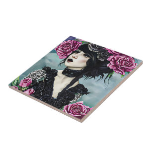Goth Girl pink Roses fantasy art Tile
