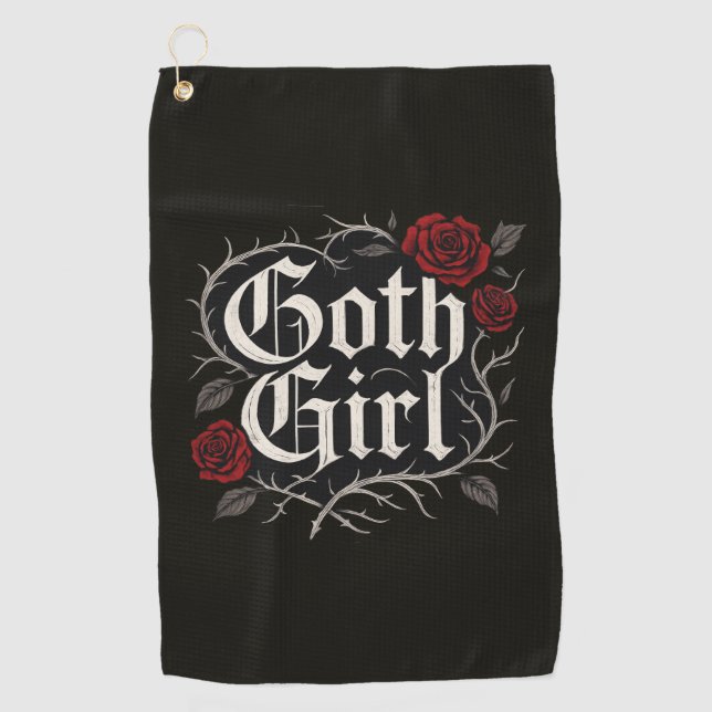 Goth Girl Red Rose Floral Vine Black Gothic Golf Towel (Front)