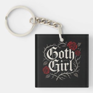 Goth Girl Red Rose Thorns Typography Floral Gothic Key Ring