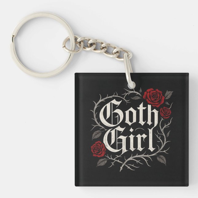 Goth Girl Red Rose Thorns Typography Floral Gothic Key Ring (Front)