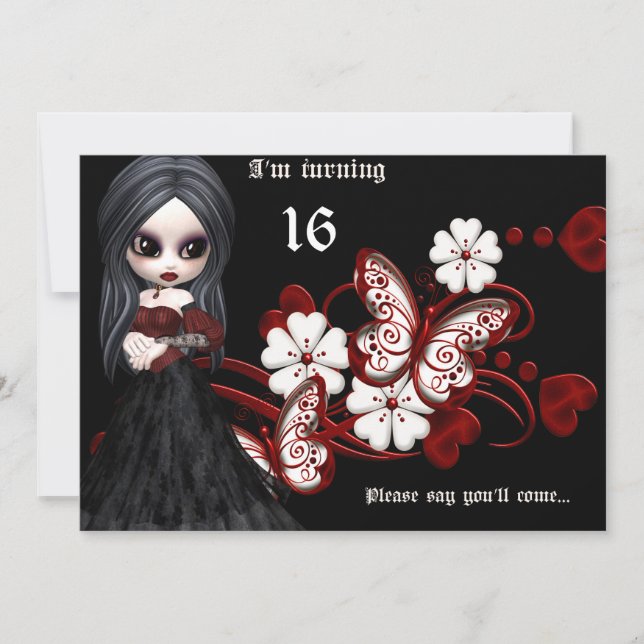 Goth Girl with Butterflies Sweet 16 Birthday Invitation (Front)