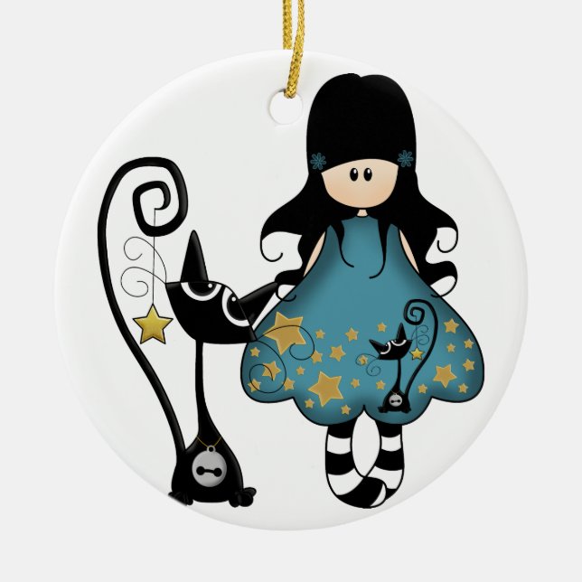 Goth Girl with Cat Ceramic Tree Decoration (Front)