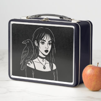 Goth Girl with Raven Metal Lunch Box