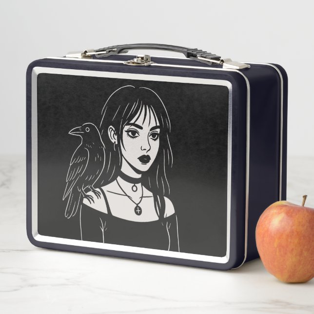 Goth Girl with Raven  Metal Lunch Box (In Situ)
