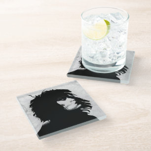 Goth Goddess Portrait Original Art Black White Glass Coaster