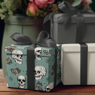 Goth Green Skull and Flowers Halloween Wrapping Paper