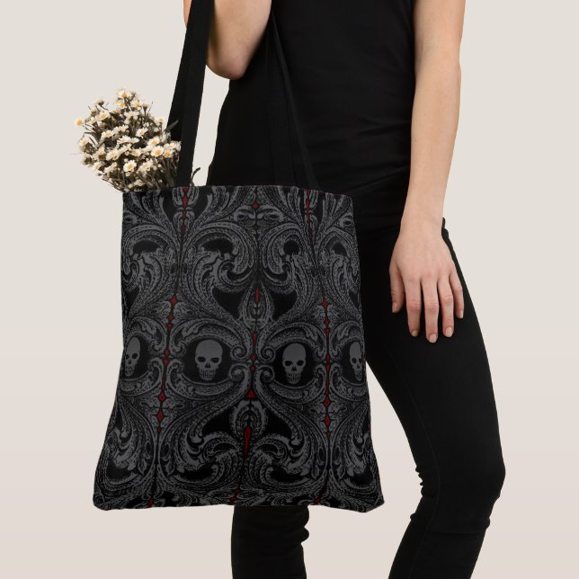 Goth Grey Ornament with Skull Tote Bag (Close Up)