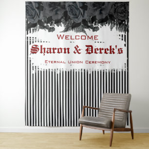 Goth Grunge Black Stripes Black Roses Wedding Tapestry