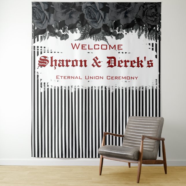 Goth Grunge Black Stripes Black Roses Wedding Tapestry (In Situ)