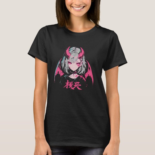 Goth Grunge Demon Anime Girl Waifu Horror Alt Aest T-Shirt (Front)