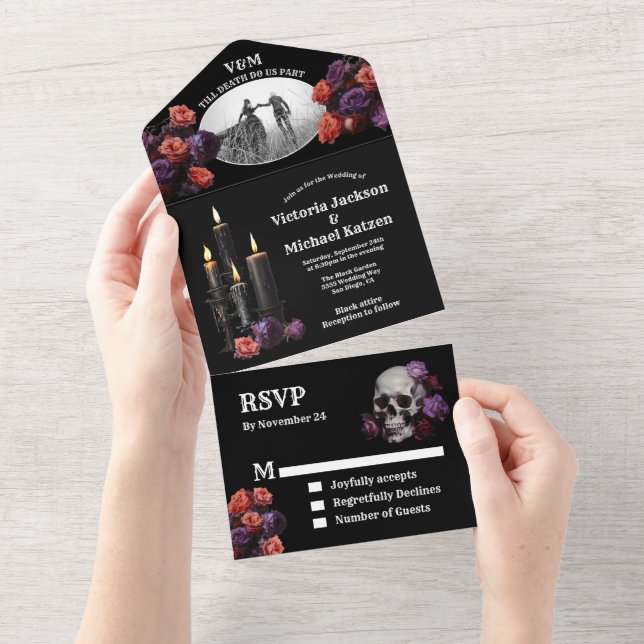 Goth Halloween Black Floral Wedding Photo All In One Invitation (Tearaway)