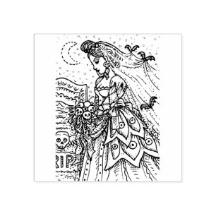 GOTH HALLOWEEN BRIDE, BAT VEIL, BOUQUET OF SKULLS RUBBER STAMP