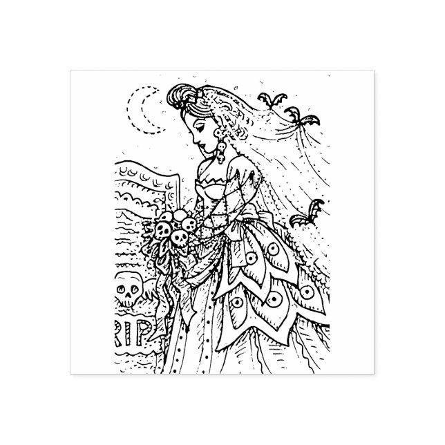GOTH HALLOWEEN BRIDE, BAT VEIL, BOUQUET OF SKULLS RUBBER STAMP (Imprint)