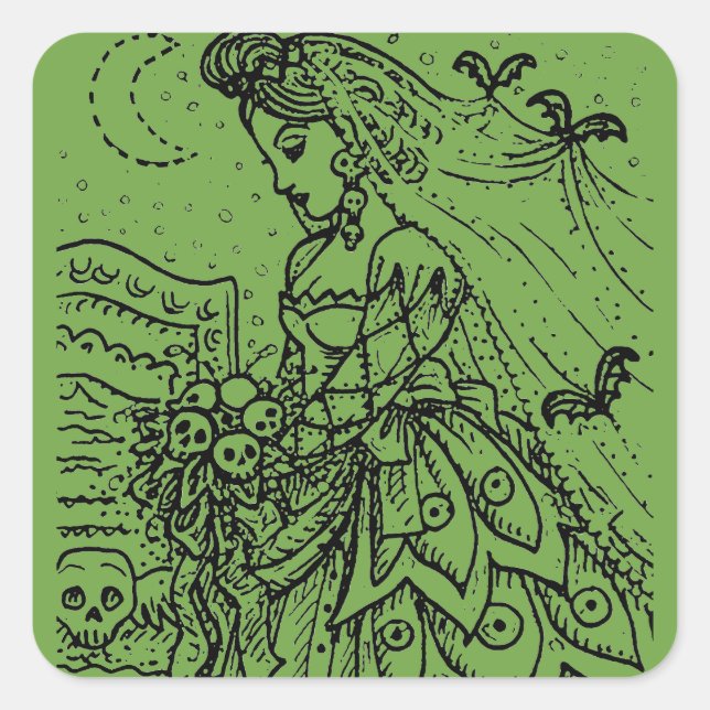 GOTH HALLOWEEN BRIDE, BATS, VEIL, SKULL BOUQUET SQUARE STICKER (Front)