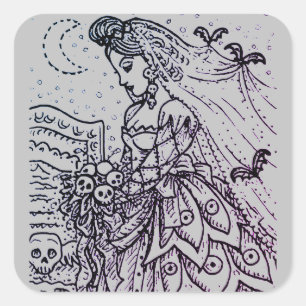 GOTH HALLOWEEN BRIDE, BATS, VEIL, SKULL BOUQUET SQUARE STICKER