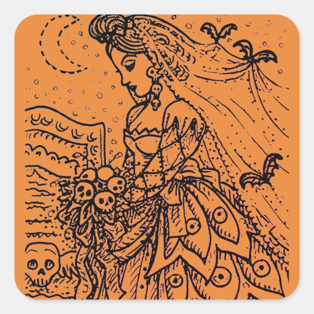 GOTH HALLOWEEN BRIDE, BATS, VEIL, SKULL BOUQUET SQUARE STICKER (Front)