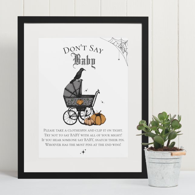 Goth Halloween Don't Say Baby White Shower Game Poster (Elegant & Whimsical Gothic Baby Shower Game Poster. Frame Not Included. Hand-Drawn Illustrations.)