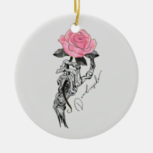 Goth Hand Skeleton With Pink Rose   Dead Inside Ceramic Tree Decoration