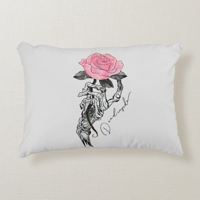 Goth Hand Skeleton With Pink Rose | Dead Inside Decorative Cushion (Front)