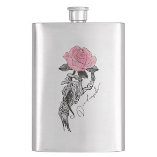 Goth Hand Skeleton With Pink Rose   Dead Inside Hip Flask
