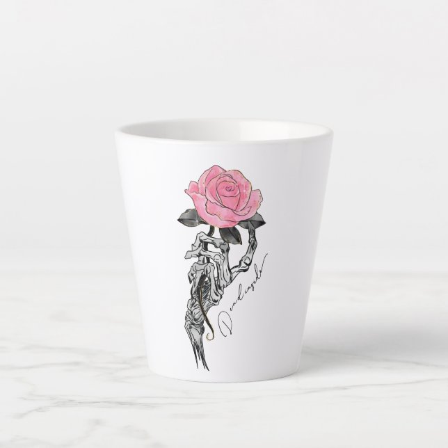 Goth Hand Skeleton With Pink Rose | Dead Inside Latte Mug (Front)