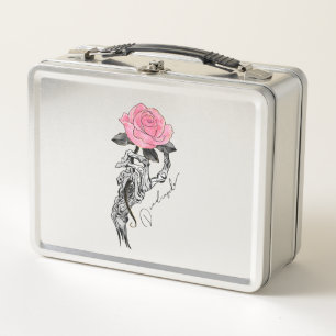 Goth Hand Skeleton With Pink Rose   Dead Inside Metal Lunch Box