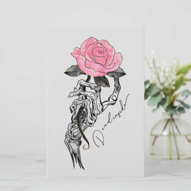 Goth Hand Skeleton With Pink Rose | Dead Inside Stationery (Standing Front)