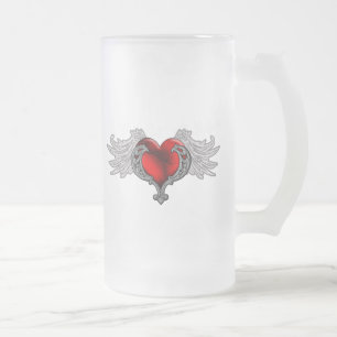 Goth Heart with Angel Wings Frosted Glass Beer Mug