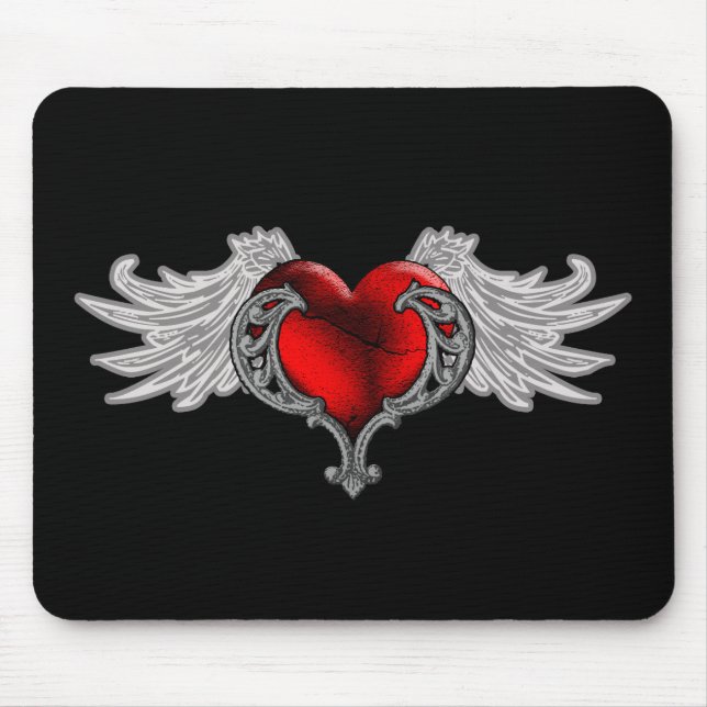 Goth Heart with Angel Wings Mouse Mat (Front)