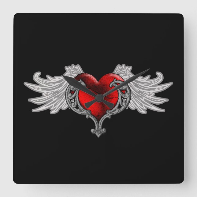 Goth Heart with Angel Wings Square Wall Clock (Front)