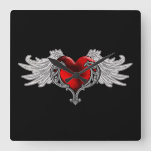 Goth Heart with Angel Wings Square Wall Clock