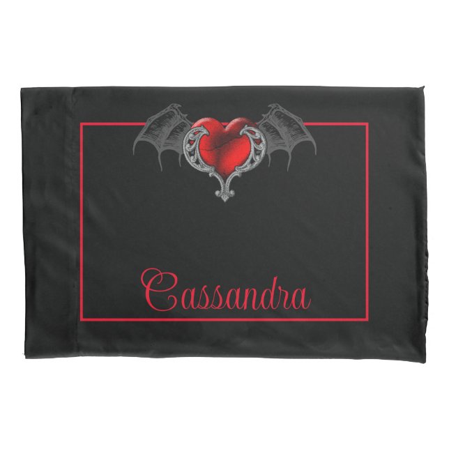 Goth Heart with Bat Wings Personalised Pillowcase (Front)