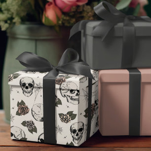 Goth Ivory Skull and Flowers Halloween Wrapping Paper
