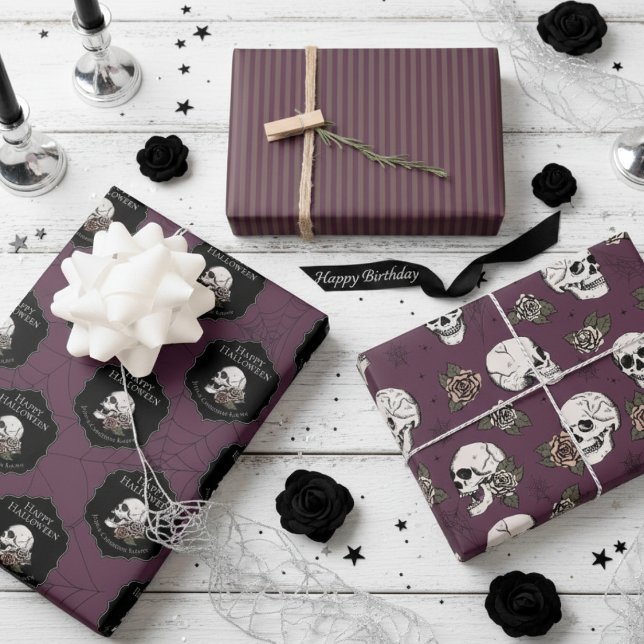 Goth Maroon Purple Skulls and Stripes Halloween  Wrapping Paper Sheet (Gothic Gift Wrap in Maroon Purple For Her. Vintage Floral Skulls Roses Pattern. Halloween Birthday)
