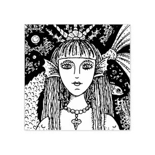 GOTH MERMAID, BLACK SEA SIREN FANTASY WHIMSY, FISH RUBBER STAMP