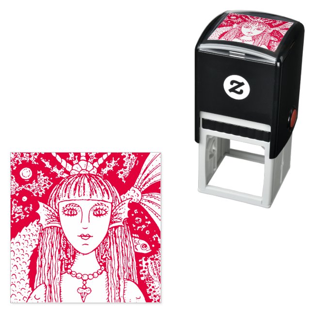 GOTH MERMAID, BLACK SEA SIREN FANTASY WHIMSY, FISH SELF-INKING STAMP (In Situ)