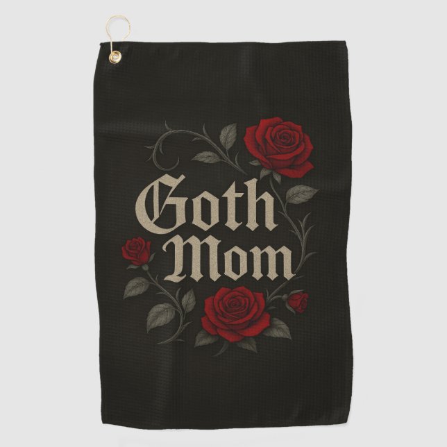 Goth Mum Red Rose Floral Victorian Gold Typography Golf Towel (Front)