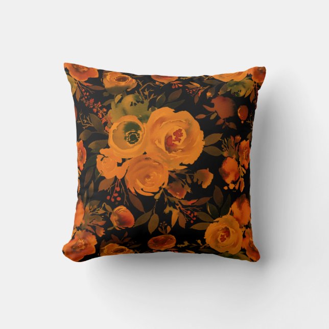 Goth Orange and Black Floral Cushion (Front)