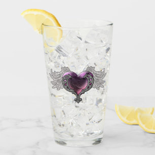 Goth Pink Heart with Angel Wings Glass Cup
