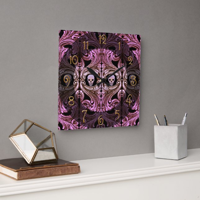 Goth Pink Ornament with Skull  Square Wall Clock (Office)