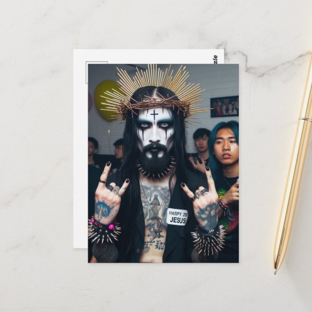 Goth Punk Rock Jesus at his Birthday Party Postcard (Front/Back In Situ)